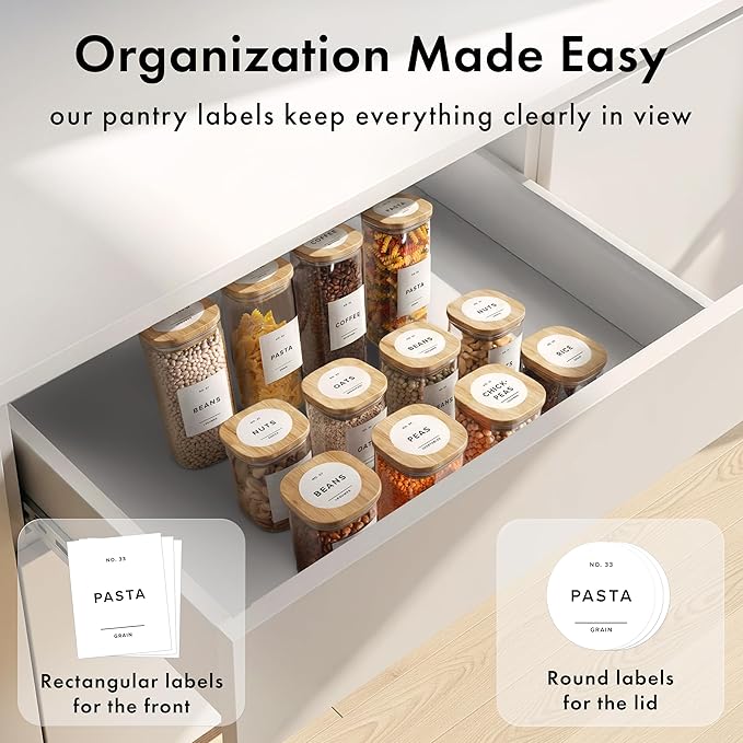 Square Glass Storage Containers with Bamboo Lids 12-Pack (4x 30 oz, 8x 17 oz) Airtight Storage Jars with Lids for Food, Stackable Kitchen Canisters with 114 Labels for Pantry [Thicker Glass 3mm]