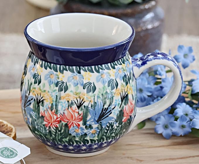 Blue Rose Polish Pottery - Blue Day Lily Bouquet Bubble Mug - 16 oz - Unique Shape Mug for Coffee & Tea