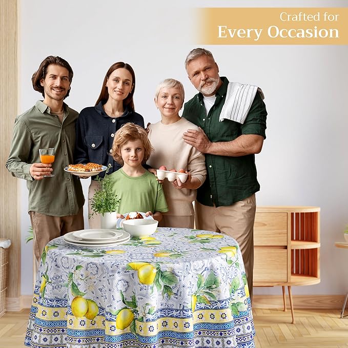 Maison d' Hermine Table Cloth Round Table 100% Cotton 69 Round Inches Tablecloth Reusable Decorative for Dining Room Farmhouse Home Valentines Day Decorations Spring Summer - Citrus