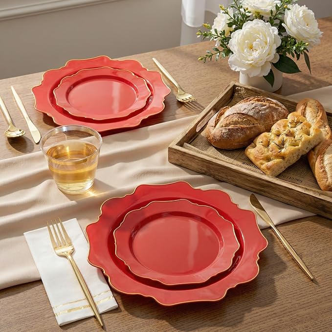 WDF 175Pcs Red Plates - Red Plastic Plates with Gold Rim - Fancy Disposable Dinnerware Sets Ideal for Party/Wedding/Valentine's Day