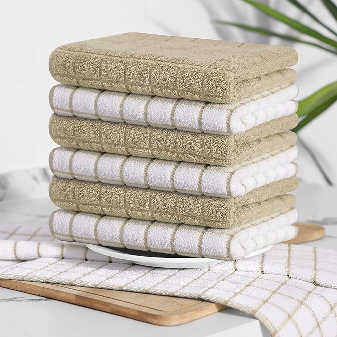 Homaxy Premium Cotton Kitchen Towels 16"x 28", Large Natural Ring Spun 390 GSM Dish Towels, Super Absorbent Terry Kitchen Hand Towels, Soft Tea Towels with Hanging Loop, Tan Check Design, 12 Pack