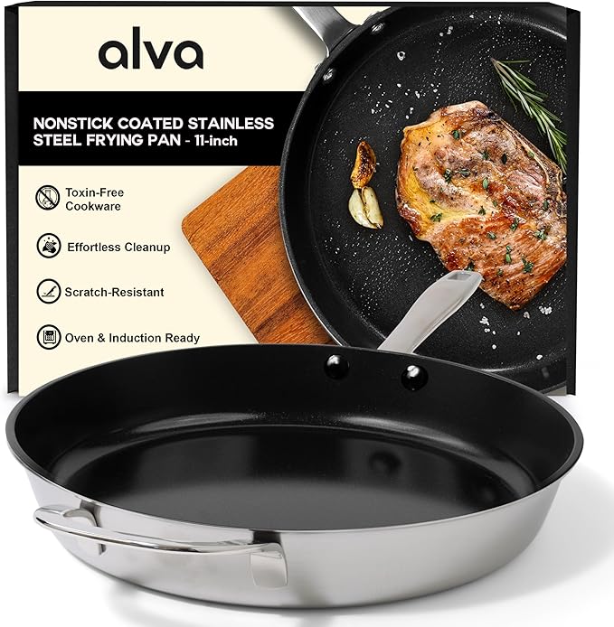 Alva Maestro 11″ Ceramic Nonstick Frying Pan | 5-Ply Stainless Steel & Aluminum Core | Made with No PFAS, PFOA, PTFE | Induction & Oven Safe to 400°F