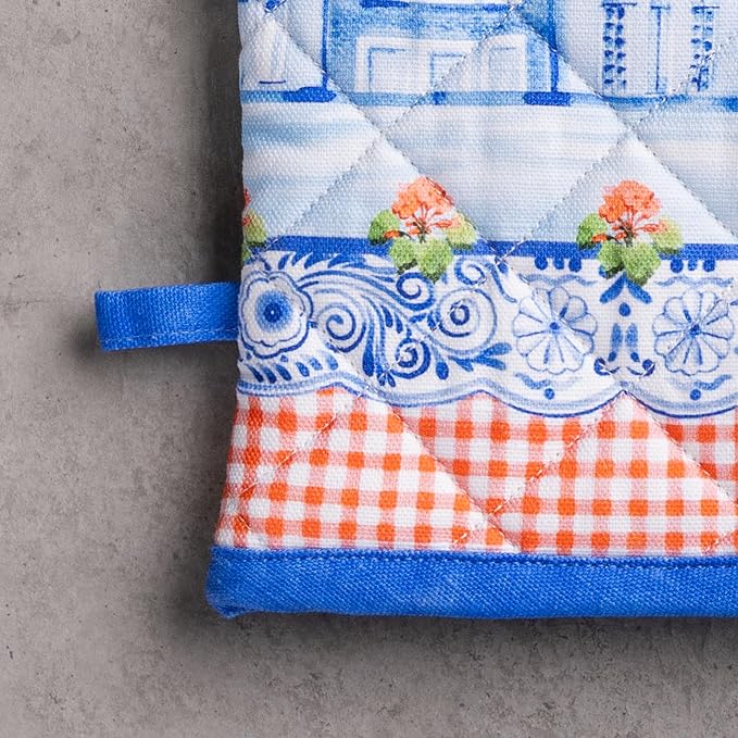 Maison d' Hermine 100% Cotton Oven Mitt & Pot Holder Set (7.5"x13" & 8"x8") Heat Resistant BBQ Cooking Gloves with Loop, Baking, Grilling, Kitchen, Handling Hot Pans Spring/Summer (Amsterdam Canals)