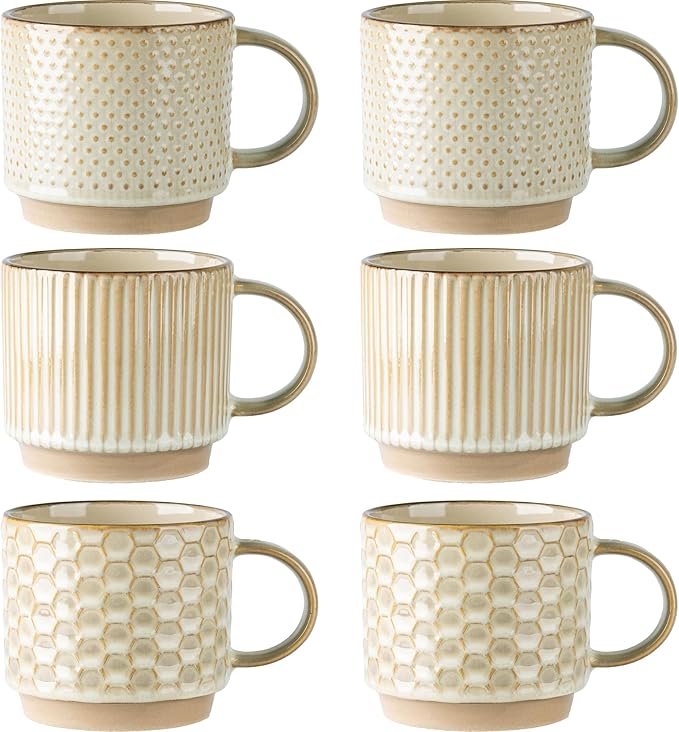 GBhome 12OZ Stackable Coffee Mugs Set of 6, Ceramic Coffee Mugs with Texture Patterns for Man,Woman,Dad,Mom, Modern Coffee Mugs Cups for Latte/Cappuccino/Cocoa. Dishwasher&Microwave Safe, Pale Khaki