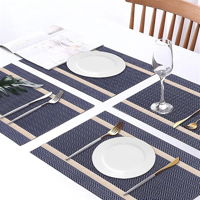 Placemats for Dining Table Set of 4/8 Woven Plastic Place Mats Non-Slip Heat Insulation Stain Table Mat(SHP Blue,8 pcs 30x45cm)