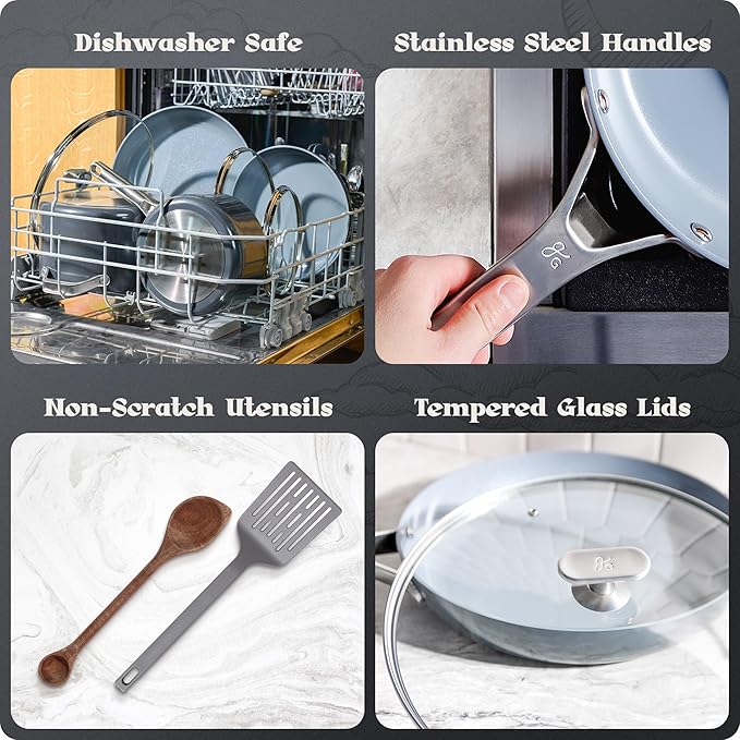 Premium Non-Toxic Ceramic Cookware Set – Triple-Layer Nonstick 12 Piece Pots and Pans with Lids, PFAS-Free, Oven Safe for Healthy Meals, Space-Saving Design, Midnight Gray Color | Greater Goods