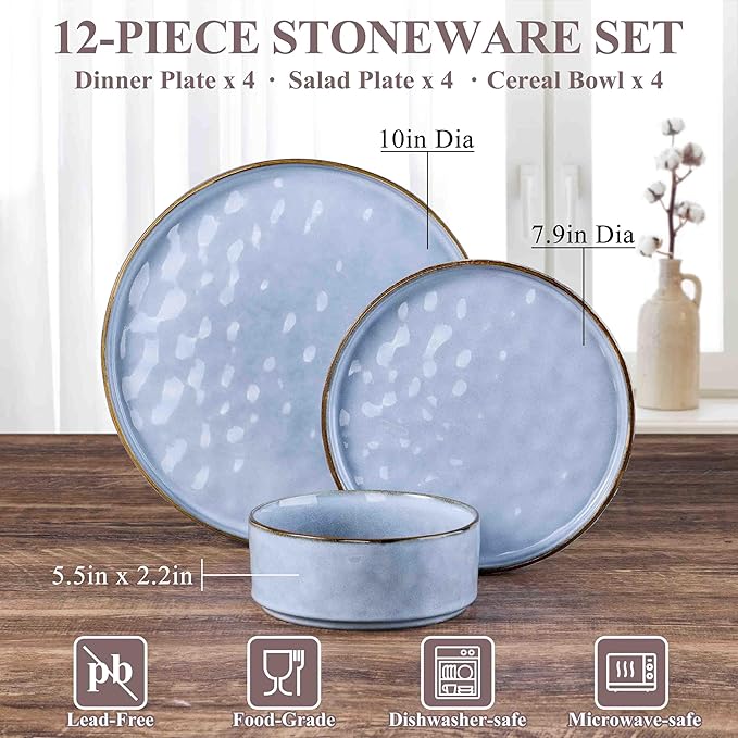 Herogo 12 Pieces Dinnerware Sets for 4, Ceramic Serving Dishes Sets, Stoneware Plates and Bowls for Kitchen Dining, Dishwasher & Microwave Safe, Haze Blue