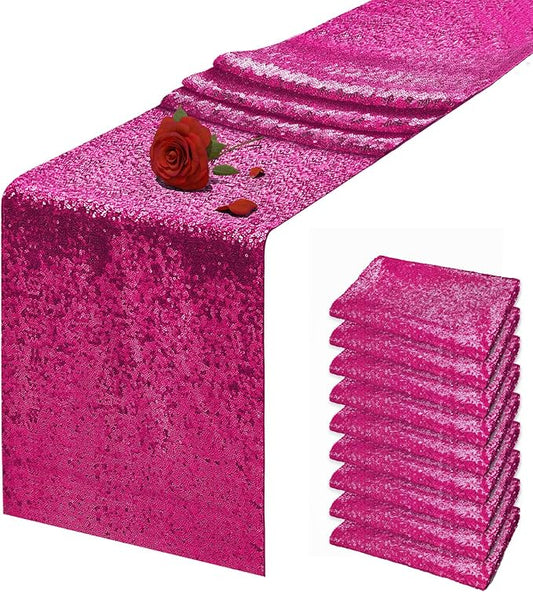 10 Packs 12 x 72 inches Fuchsia Sequin Table Runner, Glitter Runner for Birthday Party Supplies Wedding Holiday Celebration Baby Shower Engagement Anniversary Decor