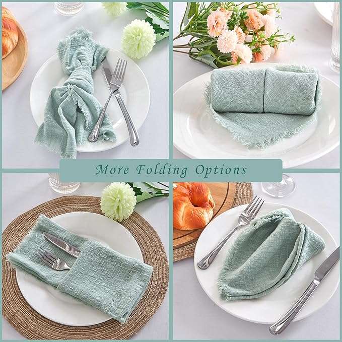 BALCONY & FALCON Cloth Napkins 100% Cotton with Fringed Handmade Square Rustic Style Washable Napkins 12 Pack Sage Green 20 x 20 inches for Easter Thanksgiving Christmas Weddings Parties Banquets