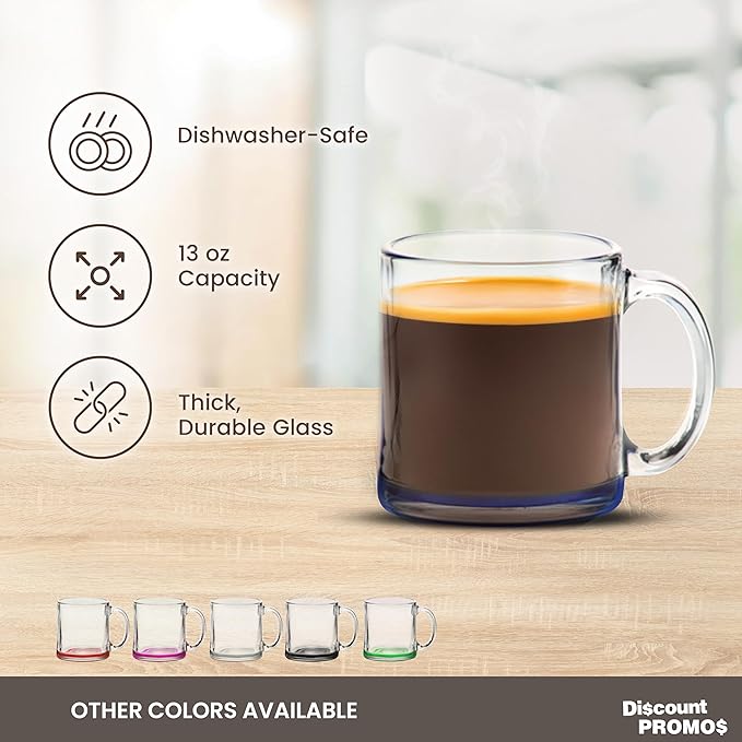 Libbey Clear Glass Coffee Mugs 13 oz. Set of 10, Bulk Pack - Perfect for Coffee, Tea, Espresso, Hot Cocoa, Other Beverages - Blue Bottom