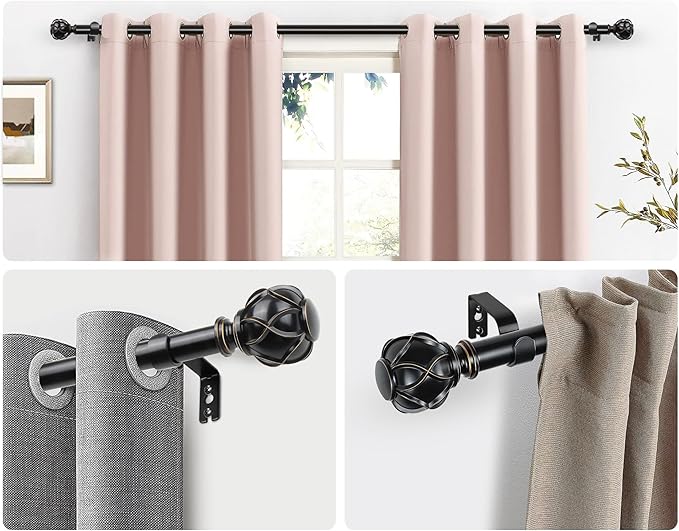 Black Curtain Rods 2 Pack, HOTOZON Curtain Rods for window 32 to 58 Inch, New Splicing Window Rods for Windows, 3/4 Inch Single Drapery Rod with Netted Finials
