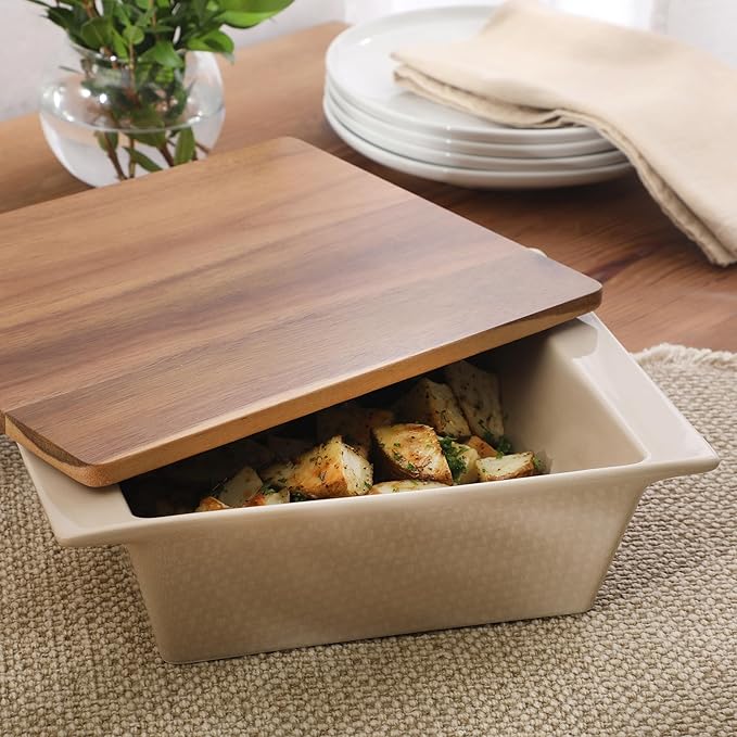 Gibson Elite 2-Quart 10" x 8.5" Stoneware Baking Dish with Acacia Wood Lid – Taupe Rectangular Oven Safe Baker for Casseroles, Roasting & Serving