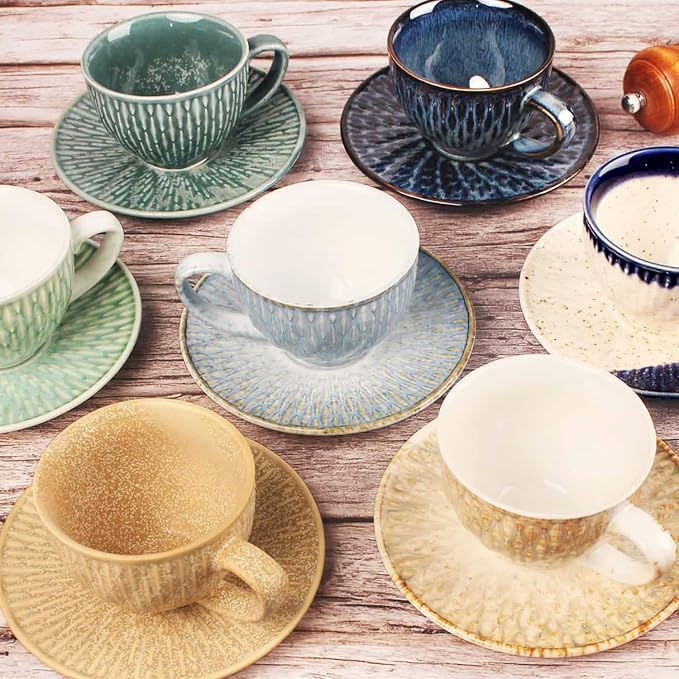 Coffee Mugs Set, 6.8 oz, Ceramic Tea Cup with saucer, Espresso Cups 8-piece, Stackable Cups, for Latte,Hot Tea,Cappuccino, Mocha, Cocoa, dishwasher & microwave safe, Blue border