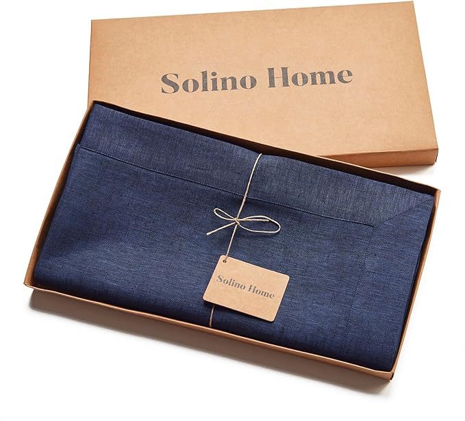 Solino Home Linen Tablecloth 60 x 144 Inch - 100% Pure Linen Chambray Navy Table Cloth for Rectangular Tables - Athena, Machine Washable Cloth Tablecloth for Winter, Spring