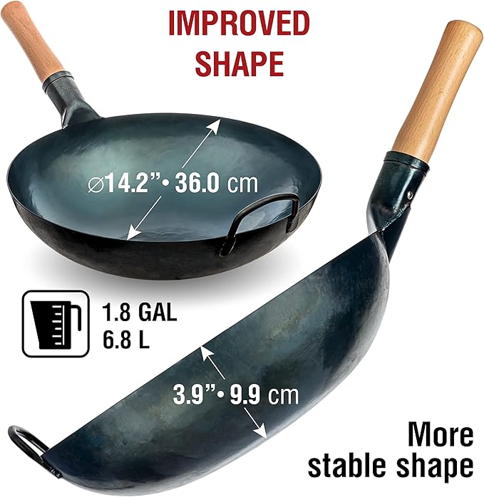 YOSUKATA Blue Round Bottom Wok Pan – 14" + 17" Spatula and Ladle Skimmer Spoon + Premium Wok Cover 14 inch Pan Lid +Reusable Natural Wooden Long Cooking Chopsticks Set of 3 pairs