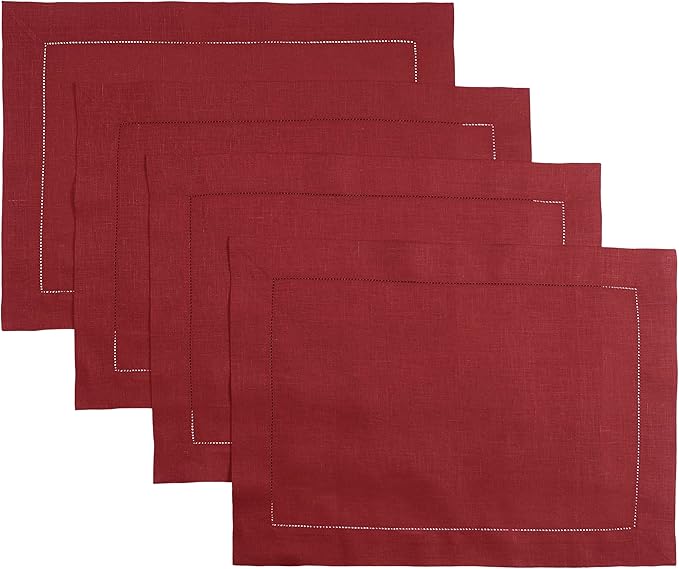 D'Moksha Homes Red Linen Placemats Set of 4 - Classic Hemstitch Placemats 14 x 19 Inch - 100% Pure Linen Table Mats for Valentines, Spring - Handcrafted and Machine Washable
