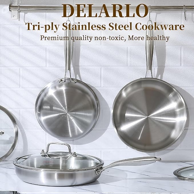 DELARLO Kitchen Whole Body Tri-Ply Stainless Steel Frying Pan, 12 inch,Stainless Steel, Oven safe induction skillet, Pots and Pans set,Suitable for All Stove