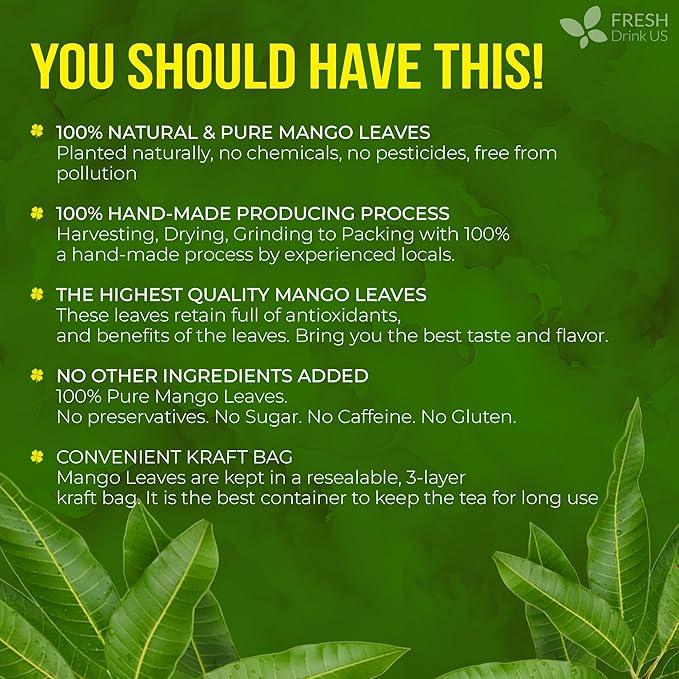 FreshDrinkUS, Premium 140+ Mango Whole Leaves Dried, 100% Natural & Pure from Dried Mango Leaves Tea, No Additives, No Caffeine, Vegan