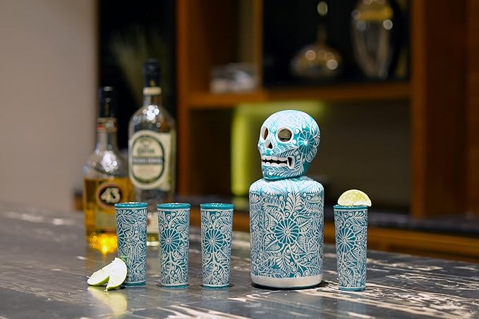 Tequila Decanter Set, Liquor Decanter with Shot Glasses and Mexican Sombrero, Hand-painted Decanter, Skull Decanter, Bar Decoration, Unique Tequila Gift, Gift For Dad (Turquoise Charro Set)