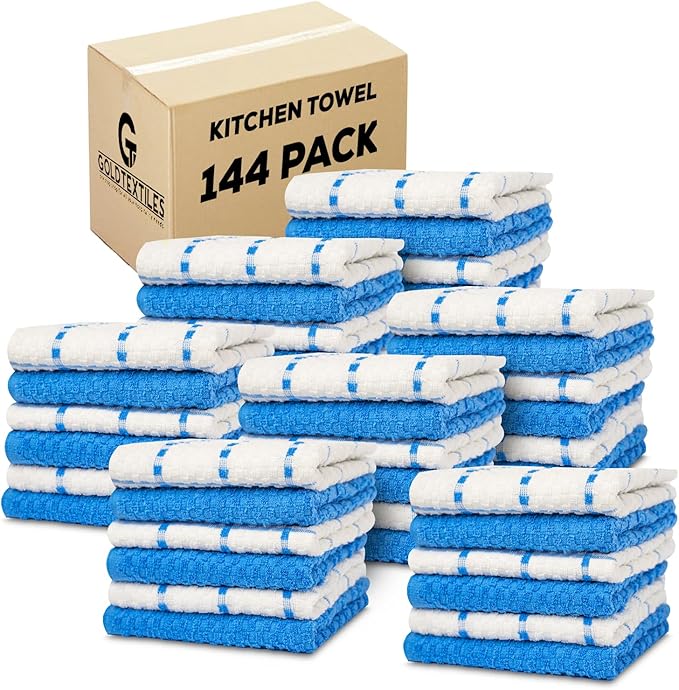 GOLD TEXTILES Kitchen Towels 144 Pack Premium 100% Cotton Dish Towels for Kitchen (15 x 25 Inches) Super Soft & Absorbent Kitchen Hand Towels for Drying Dishes, Cleaning - Reusable and Washable (Blue)