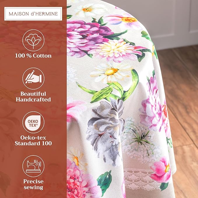 Maison d' Hermine Table Cloth Round Table 100% Cotton 69 Round Inches Tablecloth Reusable Decorative for Dining Room Farmhouse Home Valentines Day Decorations Spring Summer - Pivoine