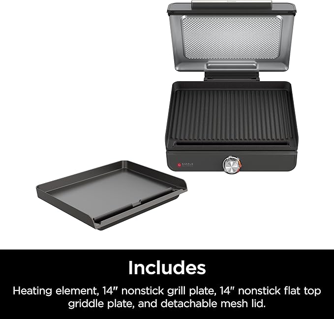 Ninja GR101 Sizzle Smokeless Indoor Grill & Griddle (Renewed), 14′′ Interchangeable Nonstick Plates, Dishwasher-Safe Removable Mesh Lid, 500F Max Heat, Even Edge-to-Edge Cooking, Grey/Silver