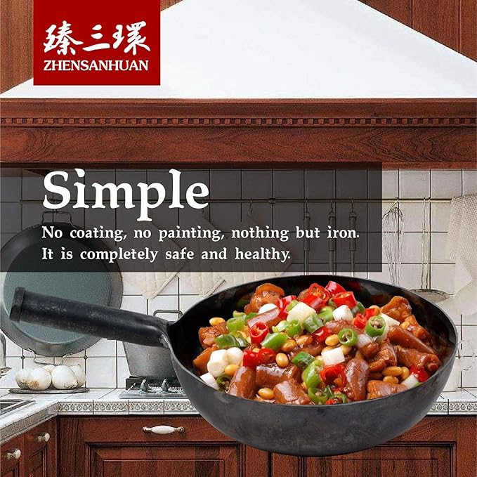 臻三环 ZhenSanHuan Chinese HandHammered Iron Woks and Stir Fry Pans, Non-stick, No Coating, Induction Suitable, 章丘铁锅，舌尖上的中国，A bite of China (30CM)