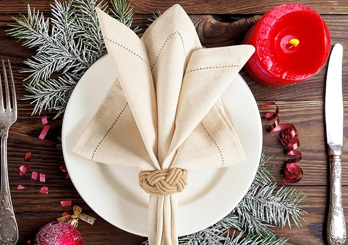Lightnpro Flax Linen Napkins Set of 12, Hemstitched Dinner Cloth Napkins, Washable and Reusable for Dining, Parties, Weddings, Holiday & Everyday Use – 18x18 Inch Natural Color