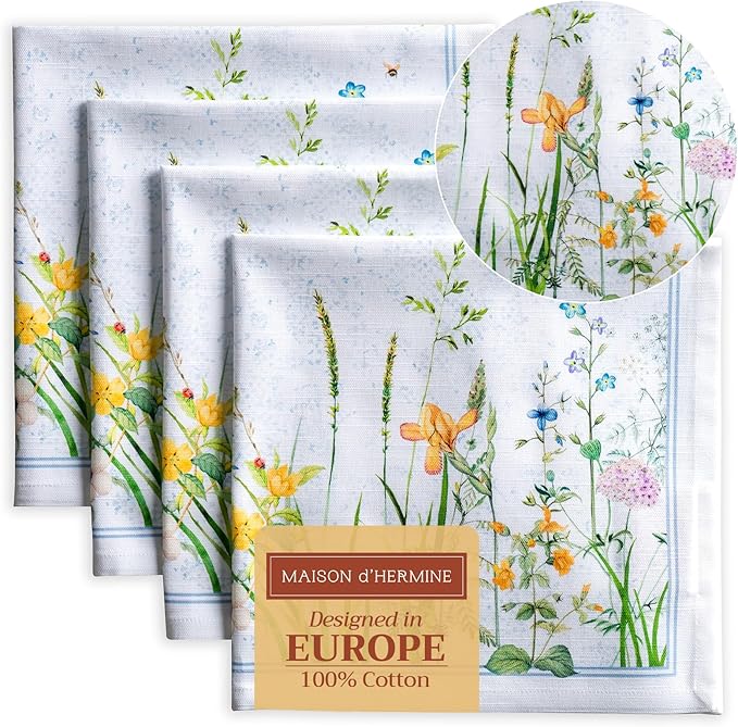 Maison d' Hermine Cloth Napkins Set of 4 100% Cotton Everyday Reusable Square Napkins Cloth Washable Dinner Party Wedding Restaurant Valentines Day Decorations Spring/Summer (Fleurs De Mai, 20" x 20")