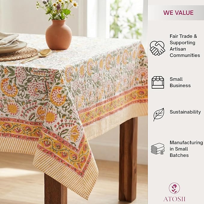 ATOSII Clover Yellow 100% Cotton Rectangle Fall Tablecloth, Handblock Floral Print Linen Table Cloth for Kitchen Dining I Parties, Outdoors, Christmas, Thanksgiving I 72 X 108 Inches I 8 Seater