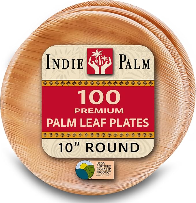 Indie Palm Disposable Palm Leaf Plates – 100 Pack 10 Inch Round – Heavy Duty, 100% Compostable & Biodegradable – Eco-Friendly Alternative to Plastic & Bamboo – Perfect for Parties & Events