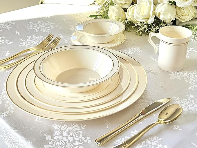 " OCCASIONS " 40 Plates Pack, Heavyweight Disposable Wedding Party Plastic Plates (9'' Luncheon Plate, Ivory & Gold Rim)