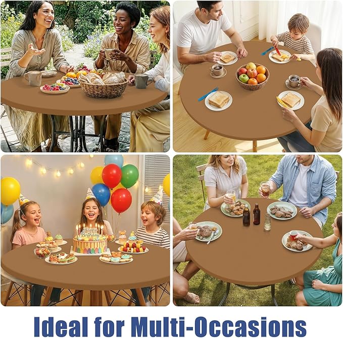 Round Spandex Tablecloth, Elastic Fitted Waterproof Tablecloths for 45"-56" Tables, Stretch Washable Picnic Table Cover for Camping, Dining, Indoor and Outdoor,Brown