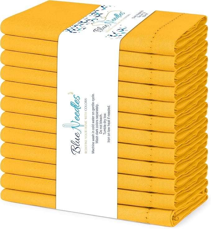 Blue Needles Set of 12 Hemstitch Linen Napkins 100% Cotton Golden Yellow Cloth Dinner Napkins 18x18 inches, Soft Reusable Absorbent Washable, Ideal for Wedding Events, Parties & Everyday Use