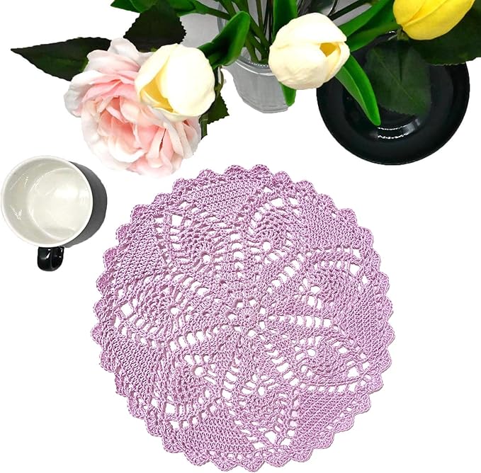 BIBITIME Lace Placemats Table Doilies Round Handmade Crochet Doily Kitchen Cup Mug Mats (Light Purple, 11 to 12 inches-1PC)