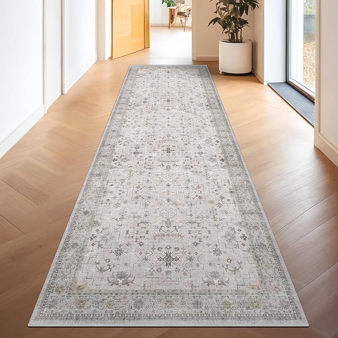 Geometric 3x20 Wide Hallway Runner - Light Gray with Taupe Accent, Boho Floral Pastel Decor, Washable Low Pile Non Slip Stain Resistant Rug for Long Kitchen, Hall Way