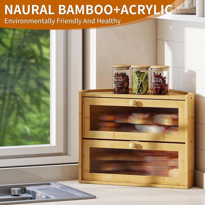 2 Tier Bread Box,Natural Bamboo Two Tier Bread Box with View Window, Handmade Sandwich Bread Keeper for Kitchen Countertop, Space Saving Storage Cabinet for Home Bakery in Corner Design