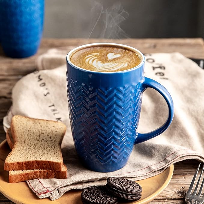 AmorArc Extra Large Coffee Mugs Set of 6, 20oz Ceramic Tall Coffee Mugs Set with Textured Geometric Patterns for Latte/Tea/Beer/Hot Cocoa, Dishwasher & Microwave Safe, Blue