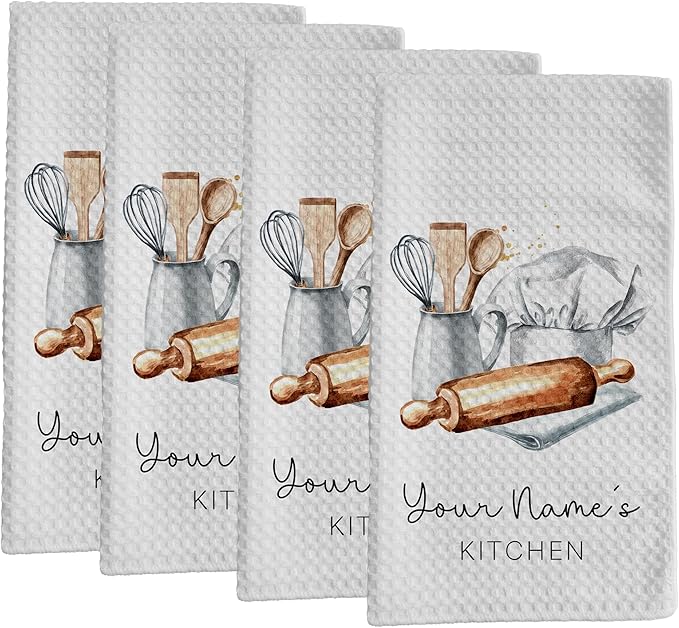 Personalized Kitchen Towel | Custom Tea Towel | Watercolor Utensil Dish Towel | Kitchen Decor | Hand Towel Gift Set | Waffle Weave Dishcloth (Pack of 4 Towels, Design 3)