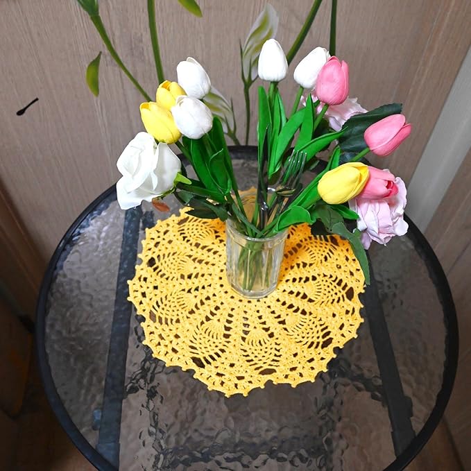 BIBITIME Lace Doilies Crochet Handmade Lace Coasters Round Placemat Rustic Table Doilies Decors for Kitchen Dining Room Party Dressers (11 inches to 12 inches,Pack of 2 PCS, Yellow)