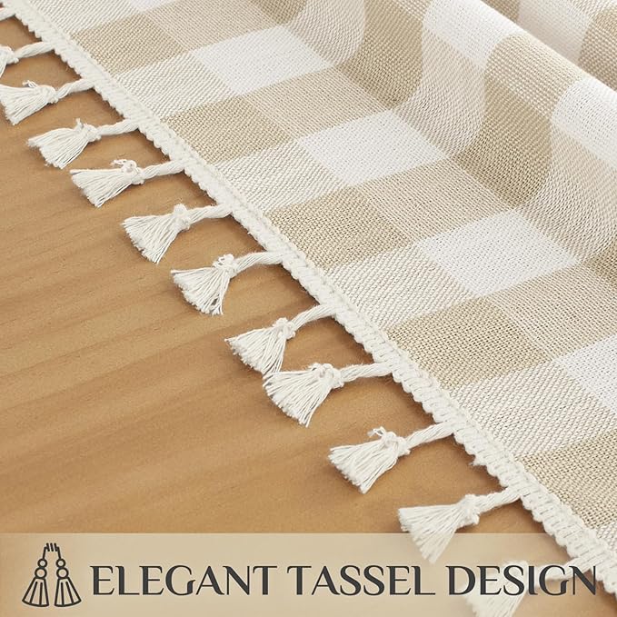 Softalker Checkered Tablecloth Square, Outdoor Linen Cotton Gingham Table Cloth with Tassel, Heavy Duty Wrinkle Free Buffalo Plaid Table Cover for Kitchen Dining Home Party - 55 x 55 Inch, Beige