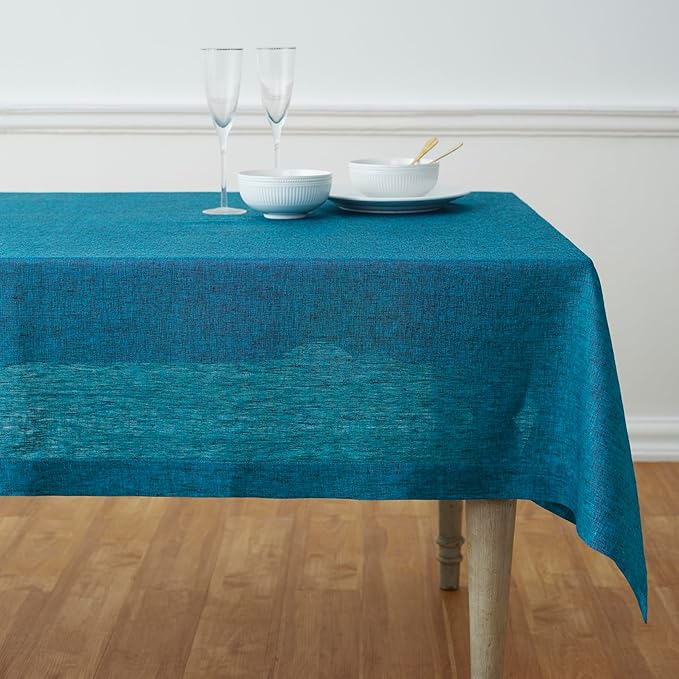 Solino Home Linen Tablecloth 60 x 120 Inch - 100% Pure Linen Chambray Teal Table Cloth for Rectangle Tables - Athena, Machine Washable Tablecloth for Spring, Easter, St Patricks Day