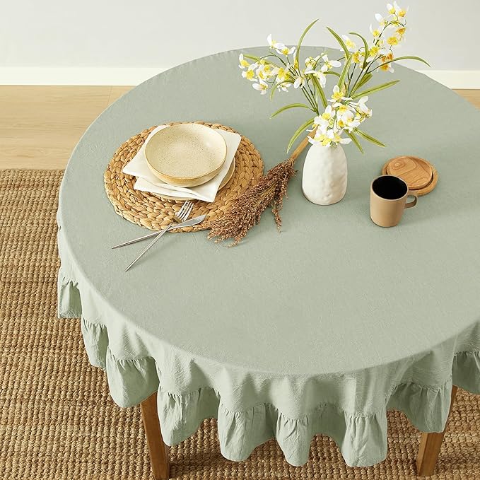 MONDAY MOOSE Ruffle Farmhouse Rustic Round Natural Stonewashed Cotton Tablecloth for Kitchen, Dining Room, Restaurant (60" Round, Sage Green)