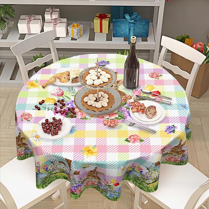 Easter Rabbit Round Tablecloth 70 Inch Easter Bunny Floral Colorful Buffalo Plaid Circle Table Cloth Seasonal Holiday Rustic Table Cover for Party Kitchen Dinner Home Decor