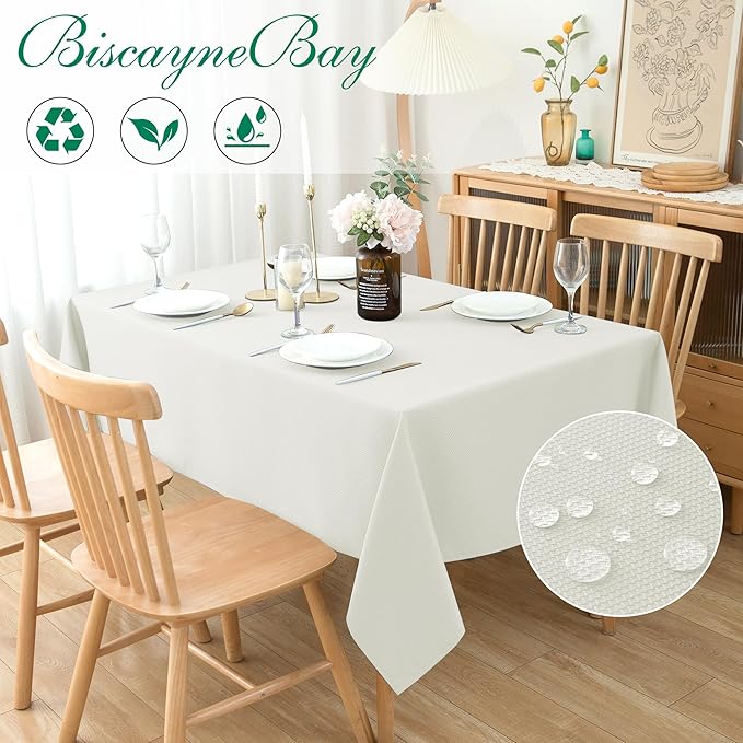 Biscaynebay Textured Fabric Tablecloths 90x156 Inches Rectangular, Ivory Water Resistant Tablecloths for Dining, Kitchen, Wedding, Parties etc. Machine Washable