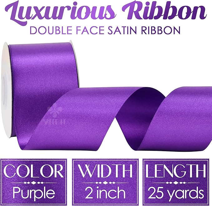 MEEDEE Purple Satin Ribbon 2 Inch Purple Ribbon Lux Double Faced Ribbons by 25 Yards Silk Satin Ribbons for Gift Wrapping, Weddings, Flower Bouquet, Holiday Decorating