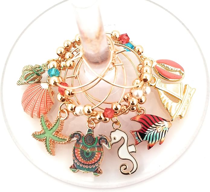 Beach Wine Charms, Beach Gifts, Nautical, Memorial Day, Independence Day Glass Tag Identifiers, Seashell, Starfish, Sea Turtle, and Fish, Party Favors and Party Supplies - 8 piece set By Pixie Wine Charms