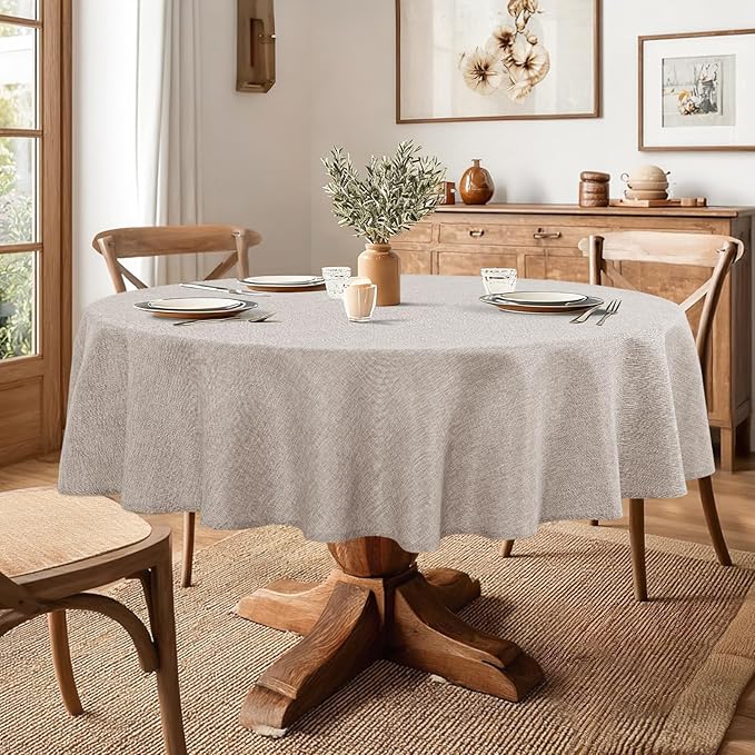 JIUZHEN Round Table Cloth Faux Linen Farmhouse Tablecloth Wrinkle and Stain Resistant Decorative Fabric Table Cover for Kitchen, Dining Room, Parties and Camping, Stone, 70 Inch Round