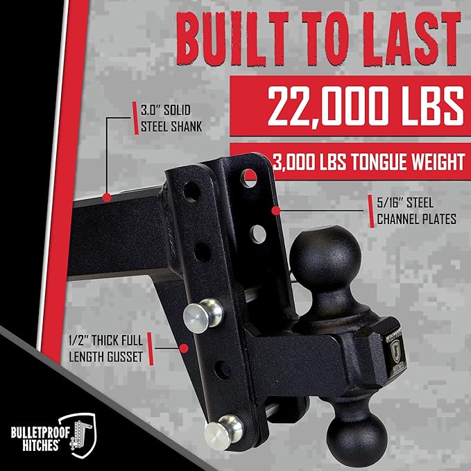 BulletProof Hitches - 3.0" Adjustable Heavy Duty Trailer Hitch (22,000 lb. Rating) - 4" Drop/Rise Trailer Hitch with 2" & 2-5/16" Dual Ball - Powder Coat, Solid Steel, Corrosion-Resistant