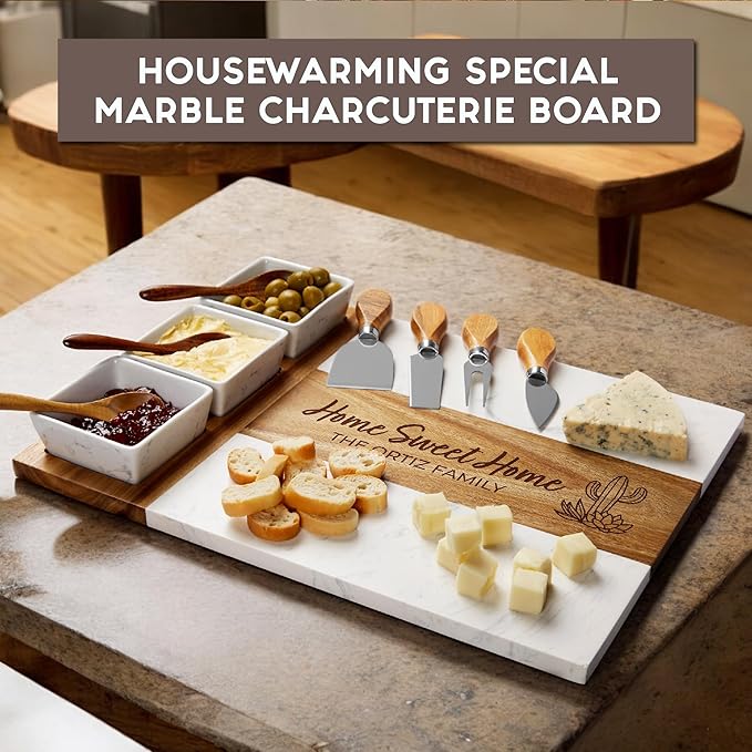 Personalized Charcuterie Board Set, Housewarming Gift for New Home, Custom Engraved Marble Wood Cheese Board, Realtor Closing Gift, New Apartment & First Home Gift for Couples and Friends